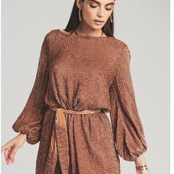 Retrofete Grace Sequin Long Sleeve Mini Dress with Velvet Tie Belt Bronze SizeXS - Picture 2 of 14